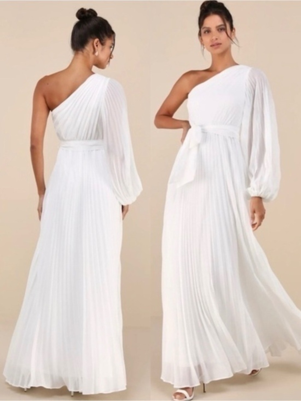 NWT Lulu’s Divine Charm White Pleated One-Shoulder Maxi Dress Extra Small Chic